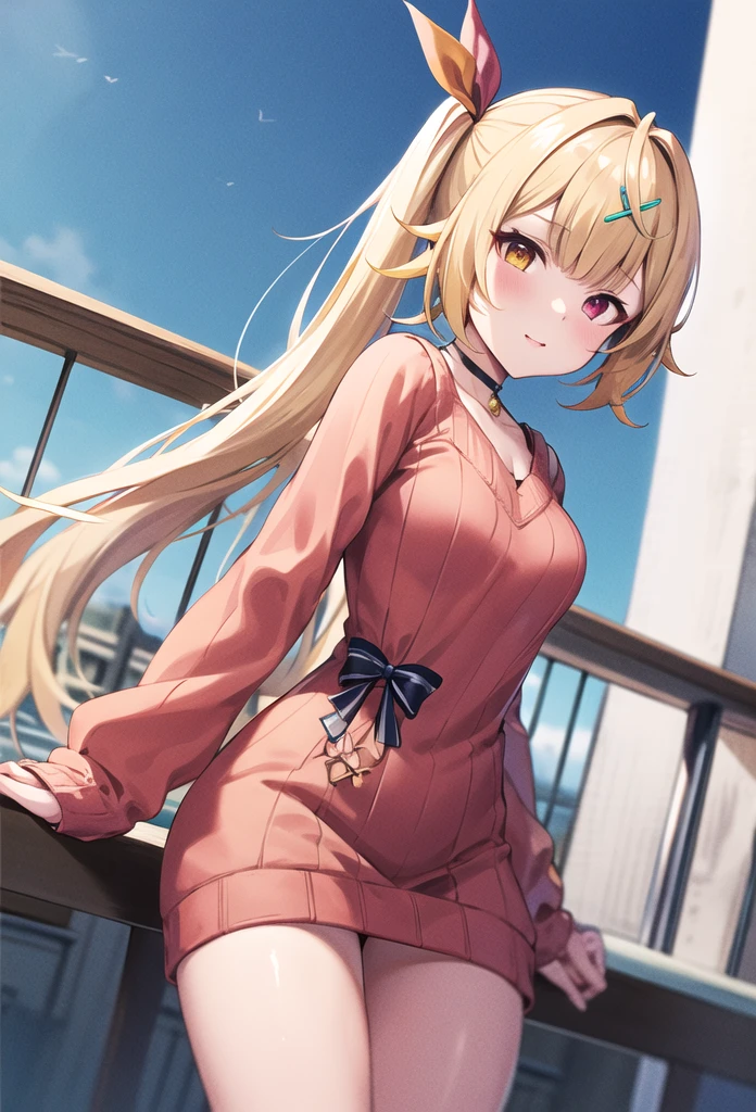 1girl, (Angle from below)、((On the balcony)), show off her breasts, (Blonde), (shiny skin:1.3)、Glowing pink Eyes, ((evil grin)), (), Black Hair、Cap, pink rip, ((((Long sleeveless one piece dress)), No bra、((Panties with horizontal stripes)), (small breasts), (jewelry))), (((close up foot))), ((The girl is wearing socks))、She lifts her skirt to show her panties and make the man masturbate、(A man masturbates while lying down in front of a girl)、1boy, penis, penis under hand, (the boy is masturbation under the girl), eject cum:1.4、She spits on his penis、