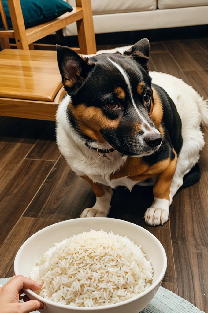 Dog eating rice from bowl