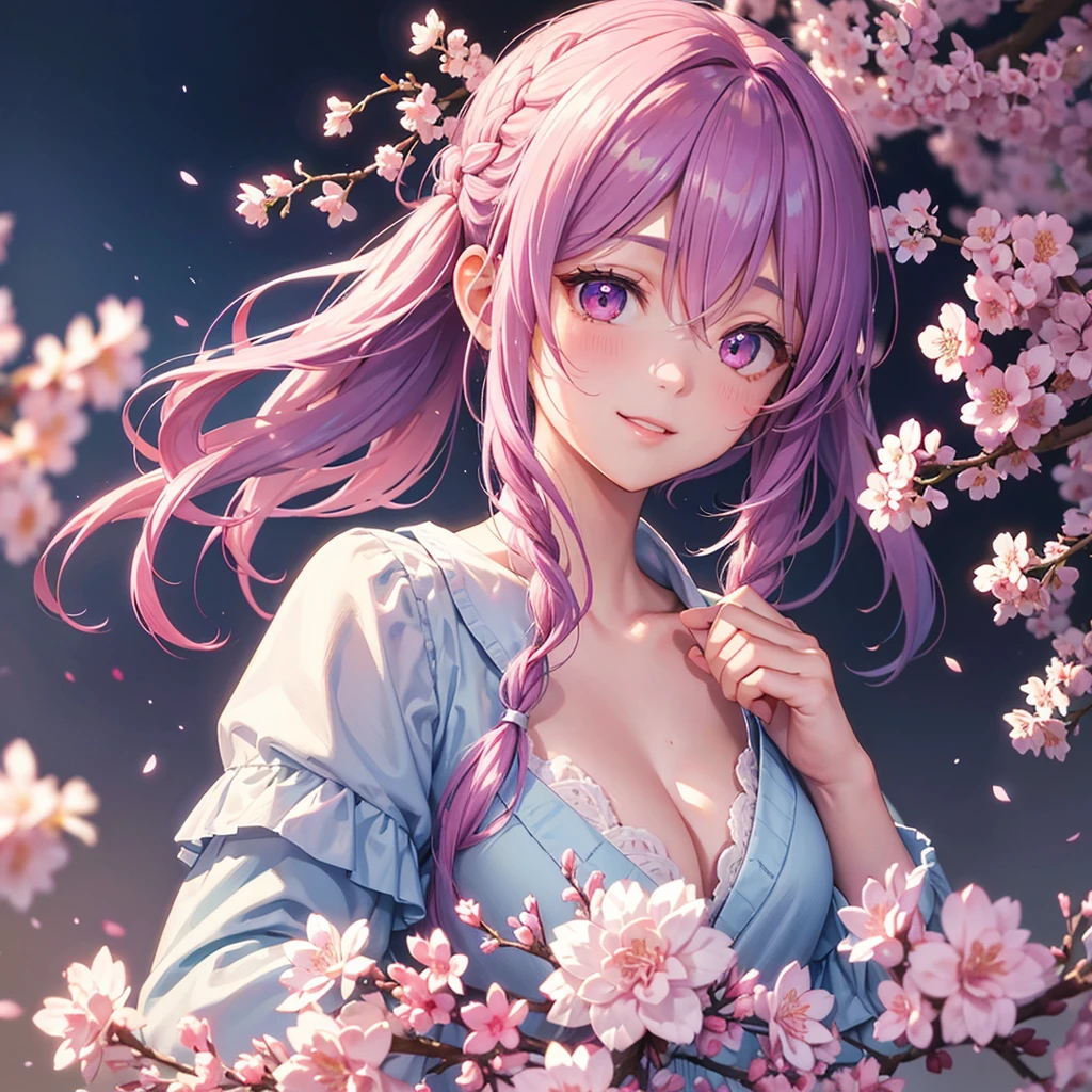 (Sky blue medium hair),(Braided hair tied together)、Pink eyes、Fair skin、(whole body)、(One Girl)、(suit)、Cherry Blossoms at Night、A big smile、、(masterpiece、Highest quality、Very detailed、Best Shadow)、(Detailed Background)、(Beautifully detailed face)、High contrast、(Best lighting、Very delicate and beautiful)、((Cinematic Light))、colorful、Hyper Detail、Dramatic Light、Exquisite detail、