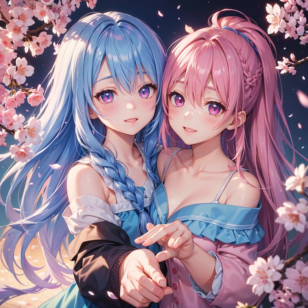 (Sky blue medium hair),(Braided hair tied together)、Pink eyes、Fair skin、(whole body)、(One Girl)、blazer、Sakura in spring、Cherry Blossoms at Night、A big smile、、(masterpiece、Highest quality、Very detailed、Best Shadow)、(Detailed Background)、(Beautifully detailed face)、High contrast、(Best lighting、Very delicate and beautiful)、((Cinematic Light))、colorful、Hyper Detail、Dramatic Light、Exquisite detail、