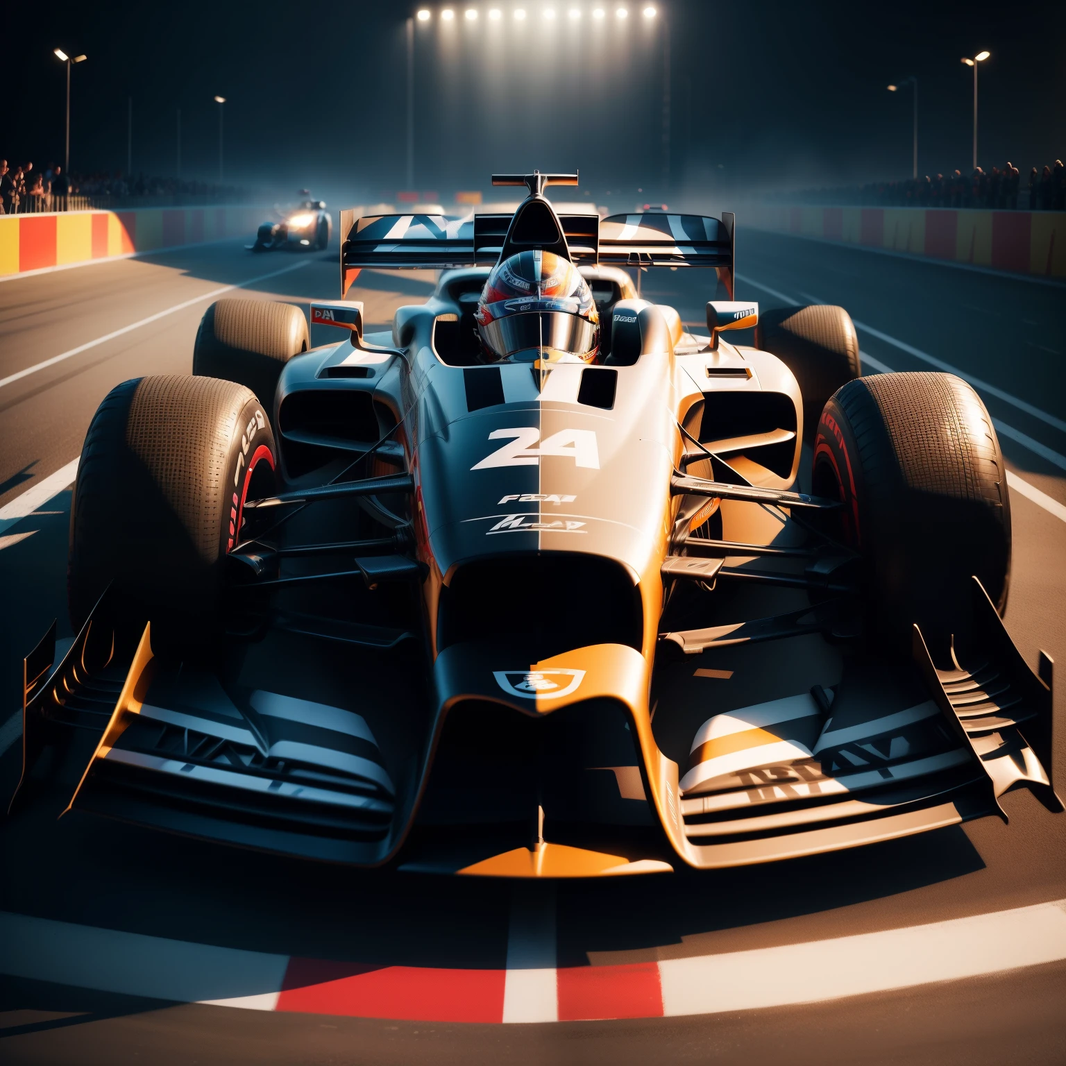 a sexy Formula 1 racing car, a beautiful grid girl holding a checkered flag, extremely detailed, photorealistic, intricate details, cinematic lighting, wide angle, dynamic composition, glossy, sleek, metallic, vibrant colors, dramatic shadows, motorsport, high quality, 8k, cinematic composition, hyper realistic, award winning photography