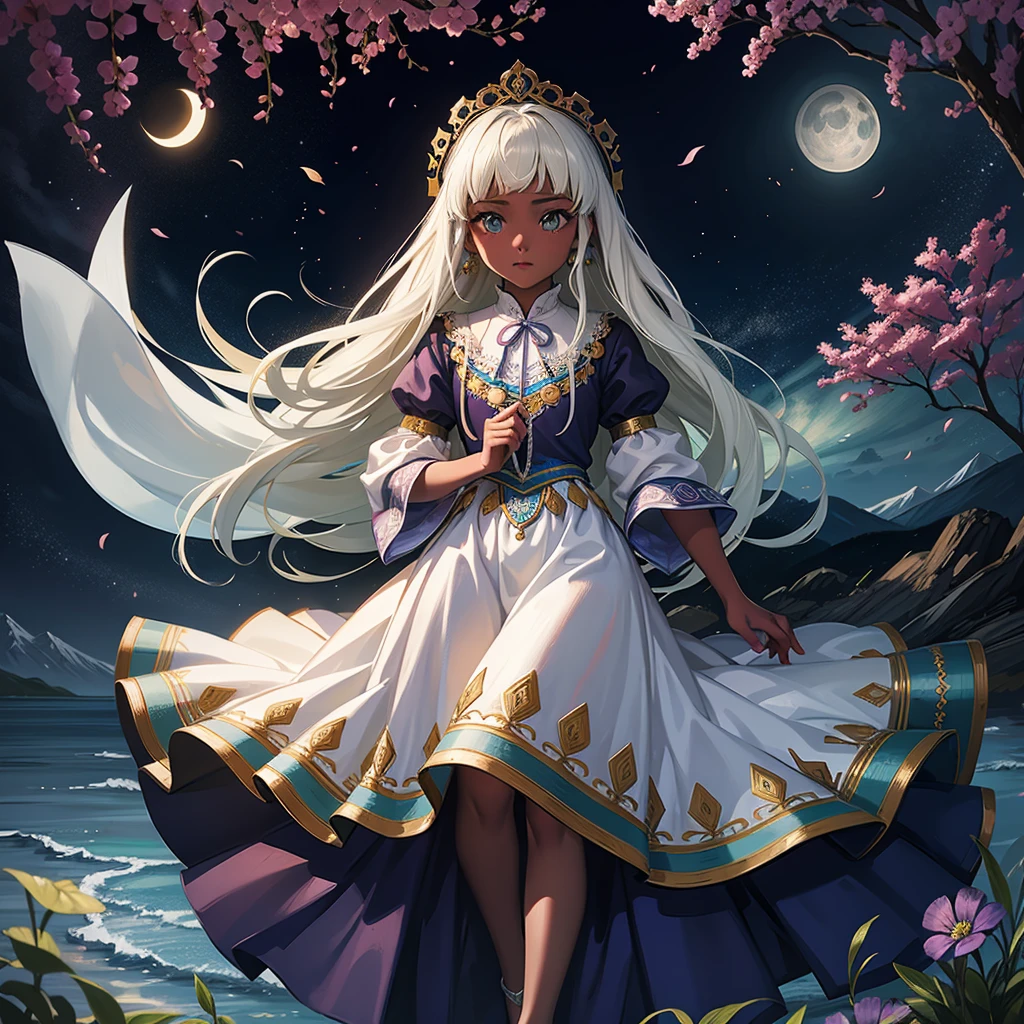 最high quality、high quality、10 years old、Brightly embroidered folk costumes from Central Asia and the Caspian Sea region、Bride Girl、Moonlight meadow、moonlight、Long dress