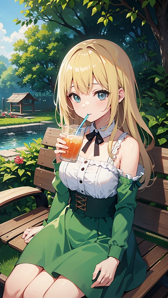 Gal、Around 25 years old、Anime style illustrations、garden、Sitting on a bench、Holding a drink、Upper Body、Blonde、looks fun
