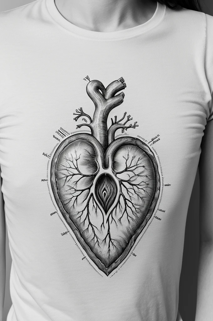 A simple, yet powerful, sketch of a human heart, its chambers and arteries detailed in fine lines, symbolizing love, life, and the complexity of emotions. with light color background for t-shirt design