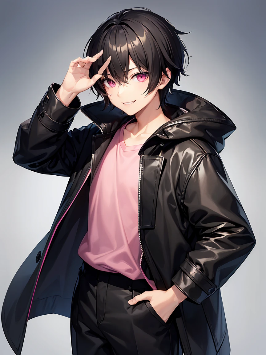 Short black hair、Pink eyes、Shota、male:1.5、solo、jet black duffle coat、Black clothing、Wicked Smile、Black trousers、cool