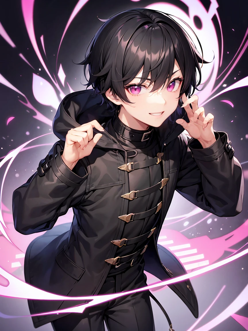 Short black hair、Pink eyes、Shota、male:1.5、solo、jet black duffle coat、Black clothing、Wicked Smile、Black trousers、cool