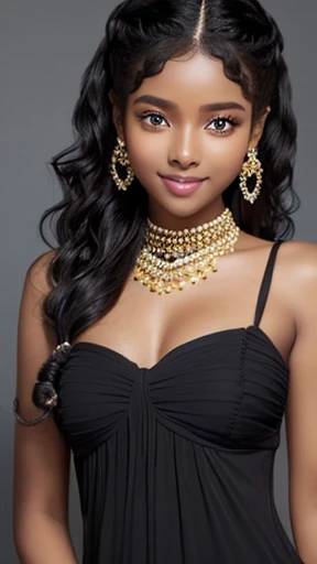 ((masterpiece))) whole body, (Somali Girl) ((black wavy hair, chignon hair, jet-black skin))), amber eyes, Beautiful Eyes, 21-year-old girl.AKB. archaic smiling