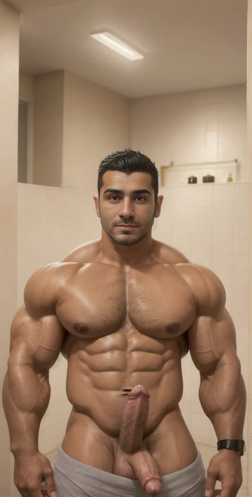 a Iranian twink with a big erection is standing in a bathroom, muscular men, strong masculine features, attractive chav man, muscular build, muscular male, muscular man, very brown skinned, portrait of muscular, 34 years old, big wide broad strong physique, chiseled muscles, exaggerated muscle physique, portrait of a muscular male 