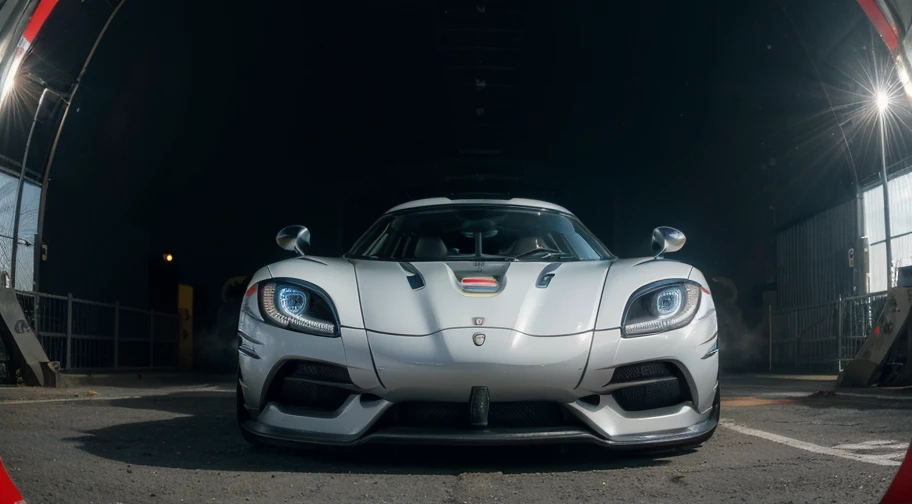((Fish-eye)), Icon, Logo, Very Wide White Background, Extreme Quality, Masterpiece, 8k, Depth of Field, Complex Detail, (No People), Very Large Margin, Lots of Text, Corporate Logo, Space, Emblem,  ( cool Koenigsegg hyper car in front of the factory), (Lots of Wires), Moon, Sun Flare, (sunset),nostalgia.