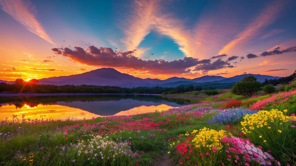 You can watch a beautiful sunset, The hills are covered with flowers and plants., Flowers are nearby, Colorful Sky, Surreal colors, Colorful sunset, Colorful Sky, Beautiful skyの反射, Beautiful sky, Fantastic atmosphere 8K, Multicolored clouds, Colors reflected in the lake, Surreal Sky, Red and blue reflections, Fire Reflection, Beautiful sky, beautiful and spectacular sunset, Beautiful dream landscape, Beautiful sky