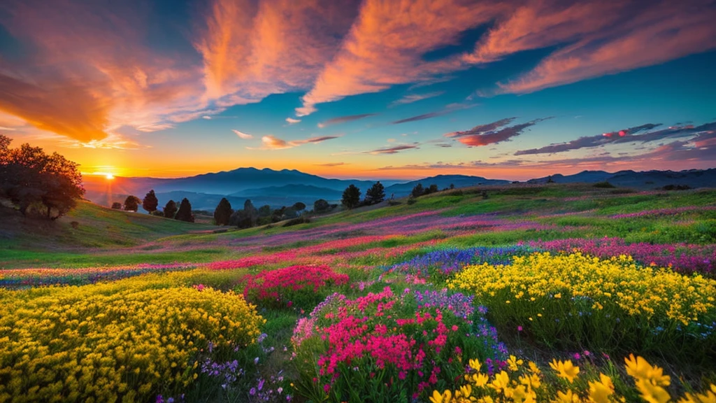 You can watch a beautiful sunset, The hills are covered with flowers and plants., Flowers are nearby, Colorful Sky, Surreal colors, Colorful sunset, Colorful Sky, Beautiful skyの反射, Beautiful sky, Fantastic atmosphere 8K, Multicolored clouds, Colors reflected in the lake, Surreal Sky, Red and blue reflections, Fire Reflection, Beautiful sky, beautiful and spectacular sunset, Beautiful dream landscape, Beautiful sky
