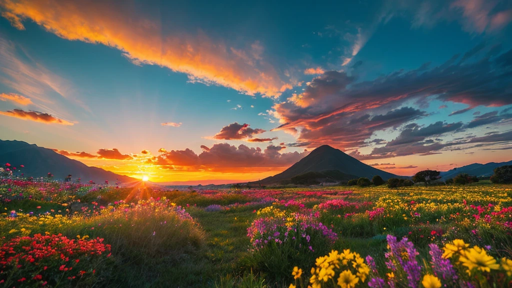 You can watch a beautiful sunset, The hills are covered with flowers and plants., Flowers are nearby, Colorful Sky, Surreal colors, Colorful sunset, Colorful Sky, Beautiful skyの反射, Beautiful sky, Fantastic atmosphere 8K, Multicolored clouds, Colors reflected in the lake, Surreal Sky, Red and blue reflections, Fire Reflection, Beautiful sky, beautiful and spectacular sunset, Beautiful dream landscape, Beautiful sky