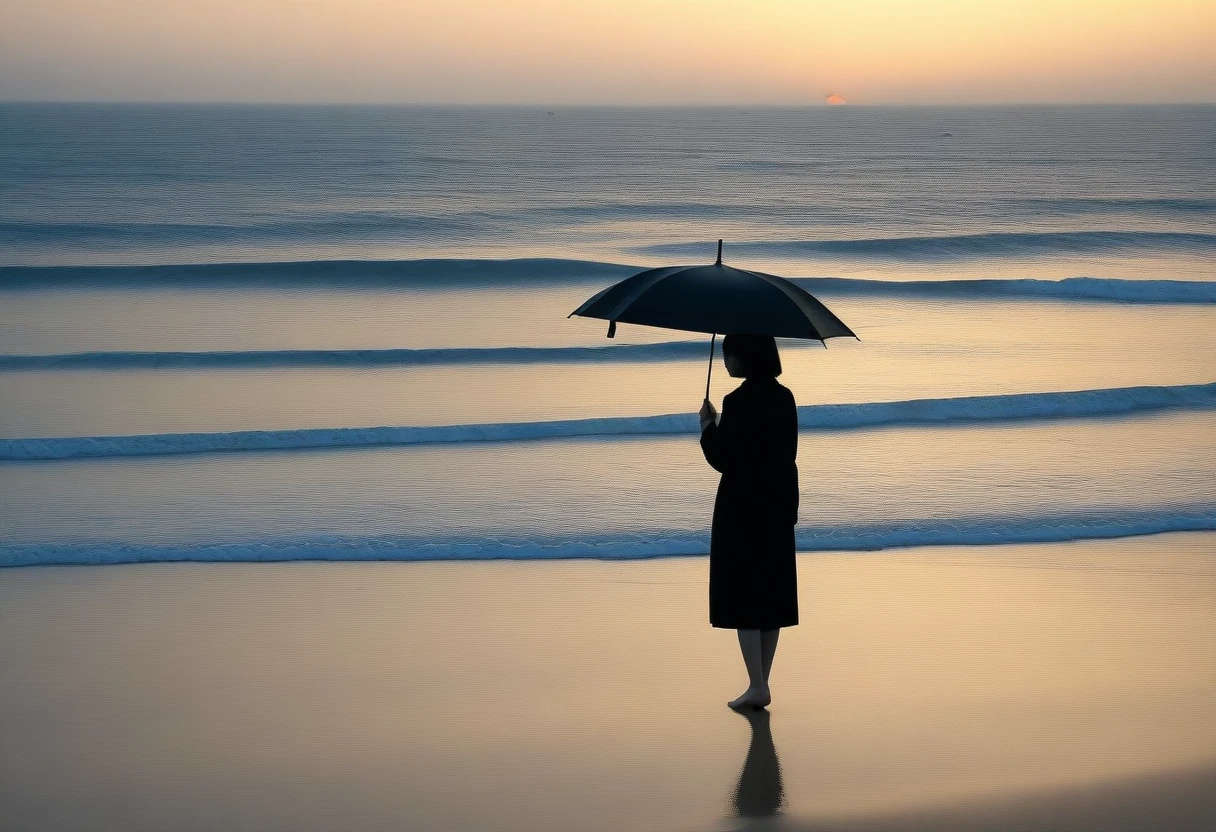 8K, Vivid picture quality, long deserted beach, woman with short and medium hair walking from far away, beautiful appearance, Female models, sunset의 붉은 빛, sunset, alone, afternoon, depressed, tide가 밀려온다, rain, black umbrella, ocean, tide, wind, short korean girl, 잔잔한 tide