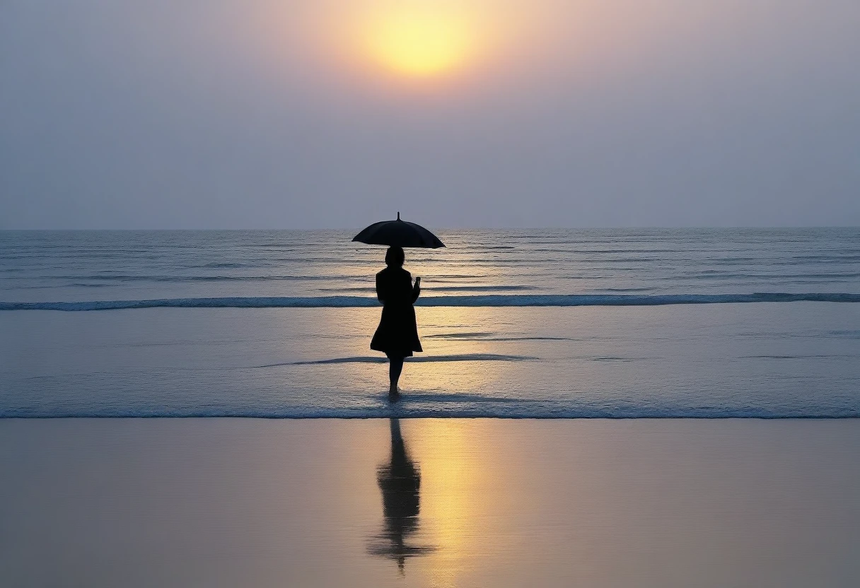 8K, Vivid picture quality, long deserted beach, woman with short and medium hair walking from far away, beautiful appearance, Female models, sunset의 붉은 빛, sunset, alone, afternoon, depressed, tide가 밀려온다, rain, black umbrella, ocean, tide, wind, short korean girl, 잔잔한 tide