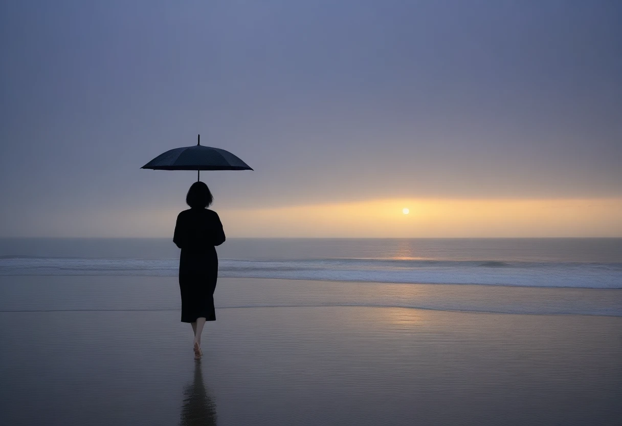8K, Vivid picture quality, long deserted beach, woman with short and medium hair walking from far away, beautiful appearance, Female models, sunset의 붉은 빛, sunset, alone, afternoon, depressed, tide가 밀려온다, rain, black umbrella, ocean, tide, wind, short korean girl, 잔잔한 tide