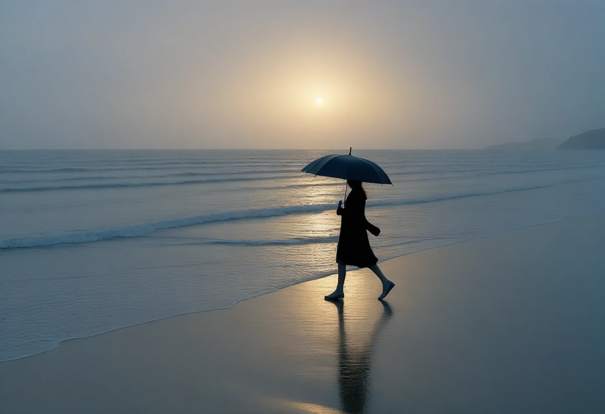 8K, Vivid picture quality, long deserted beach, woman with short and medium hair walking from far away, beautiful appearance, Female models, sunset의 붉은 빛, sunset, alone, afternoon, depressed, tide가 밀려온다, rain, black umbrella, ocean, tide, wind, short korean girl, 잔잔한 tide