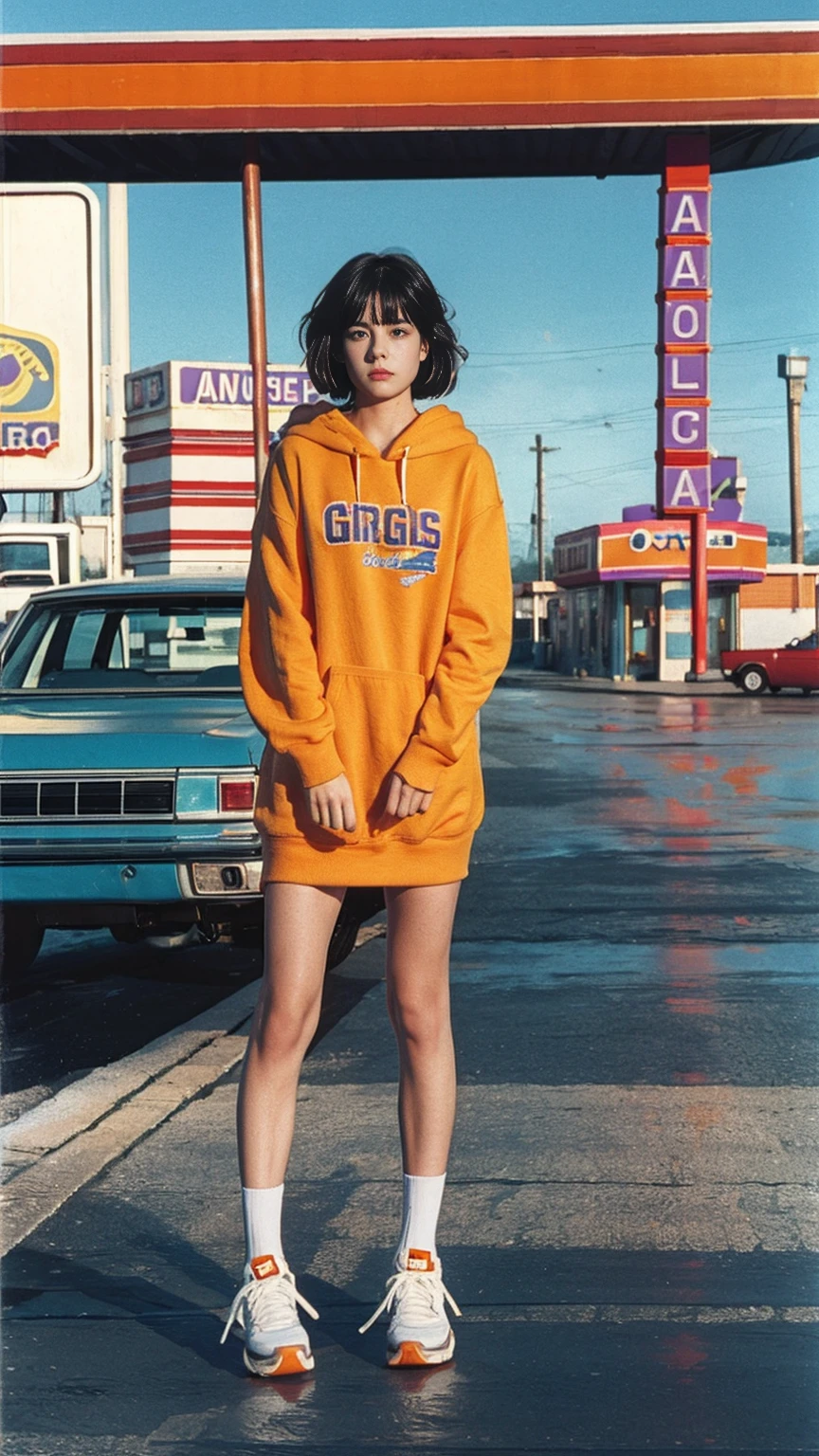 photo cinematic photograph long shot portraits by Wes Anderson, cute 23 yo girl ,fokus, bokeh ,wear ((orange color oversized_hoodie)), wear ((purple tennis skirt)),looking front,Best Quality,Masterpiece,Ultra High Resolution,(Realisticity:1.4),Original Photo, 1Girl, light ????,ultra high resolution,UHD,beautiful, (black bob hair), almond eye, no makeup, in front of ((80's los angles gas station)), (realistic:1.2), (surreal:1.3), (very detailed:1.1), ((masterpiece)),summer, blue sky, palm trees,sunny, los angles vibes,film camera, 800mm lens,style of Philip Lorca diCorcia