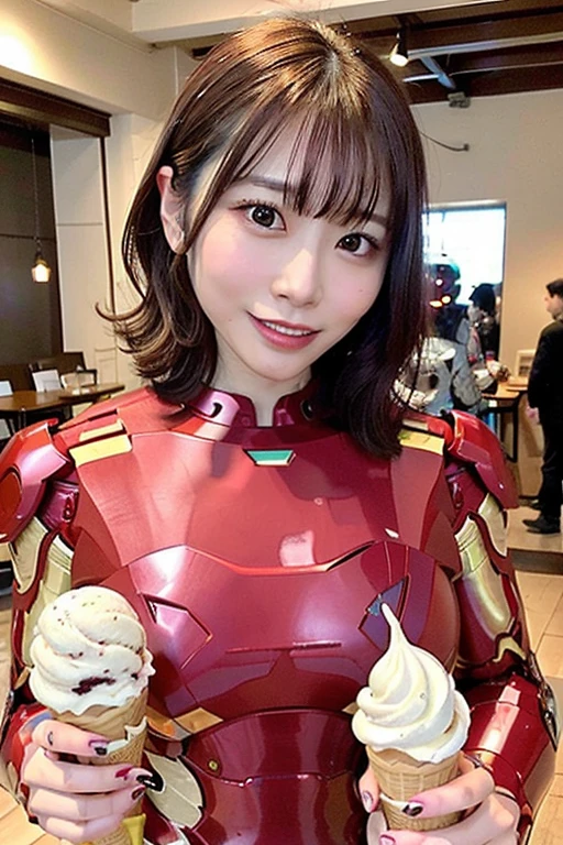 Tabletop, Highest quality, figure, Super detailed, In detail, High resolution, 8k wallpaper, Perfect dynamic composition, 1 beautiful girl, perfect face, (Look at the parfait), short Hair with bangs, slender chest, toothy smile,Dimples、 20-year-old girl, One girl, alone, Realistic,(ice cream, ice cream cone:1.25)、(Beautiful Japanese Girls,droppy big eyes:1.23)、(wearing a metallic Iron Man Suit、metal shine:1.4),(iron man pose:1.5)