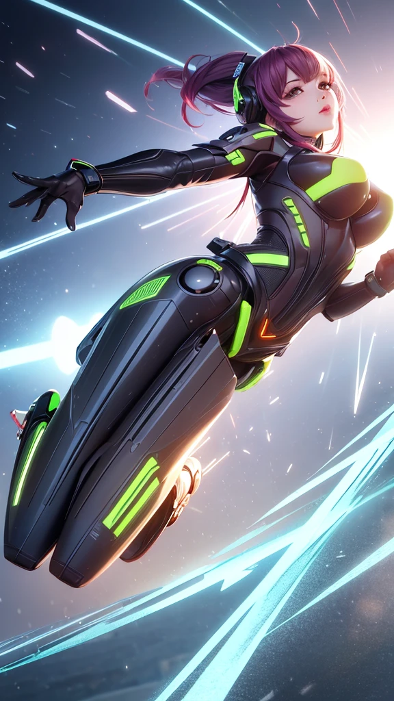A lively, imaginative image of a girl in a mech suit, leaping gracefully across a futuristic battlefield. The girl's vibrant, vibrant color scheme contrasts with the muted, mechanical aesthetic of the suit. The vibrant colors and intricate details in the suit contrast beautifully with the sleek, futuristic design of the mech. The background features a wide-angle lens, emphasizing the dynamic nature of the scene. wide aperture, HDR, telephoto lens