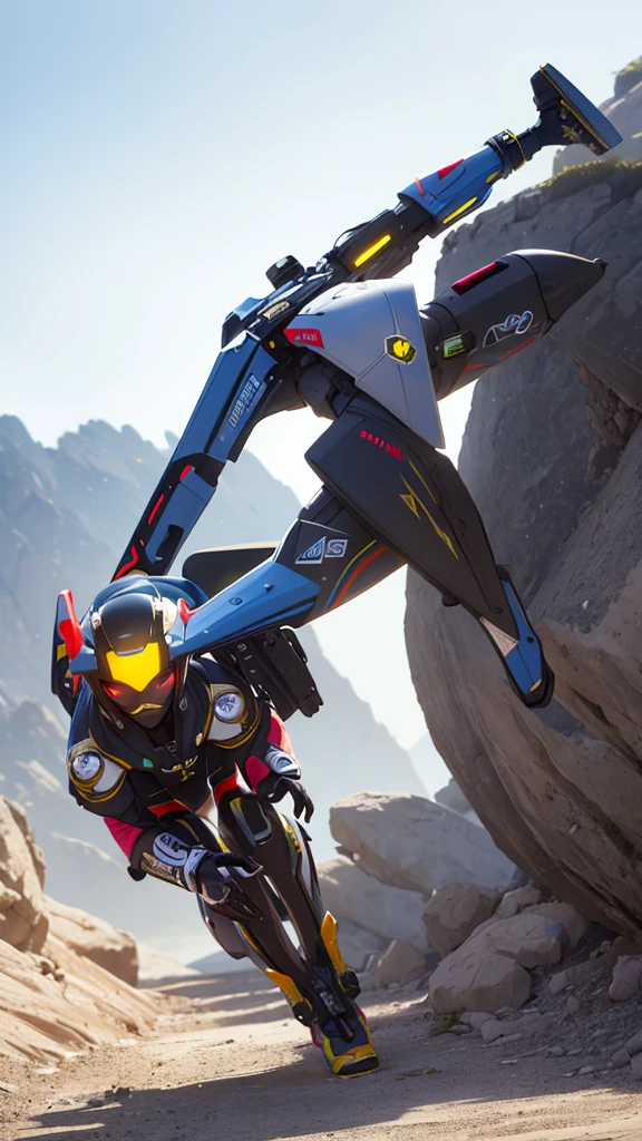 A lively, imaginative image of a girl in a mech suit, leaping gracefully across a futuristic battlefield. The girl's vibrant, vibrant color scheme contrasts with the muted, mechanical aesthetic of the suit. The vibrant colors and intricate details in the suit contrast beautifully with the sleek, futuristic design of the mech. The background features a wide-angle lens, emphasizing the dynamic nature of the scene. wide aperture, HDR, telephoto lens