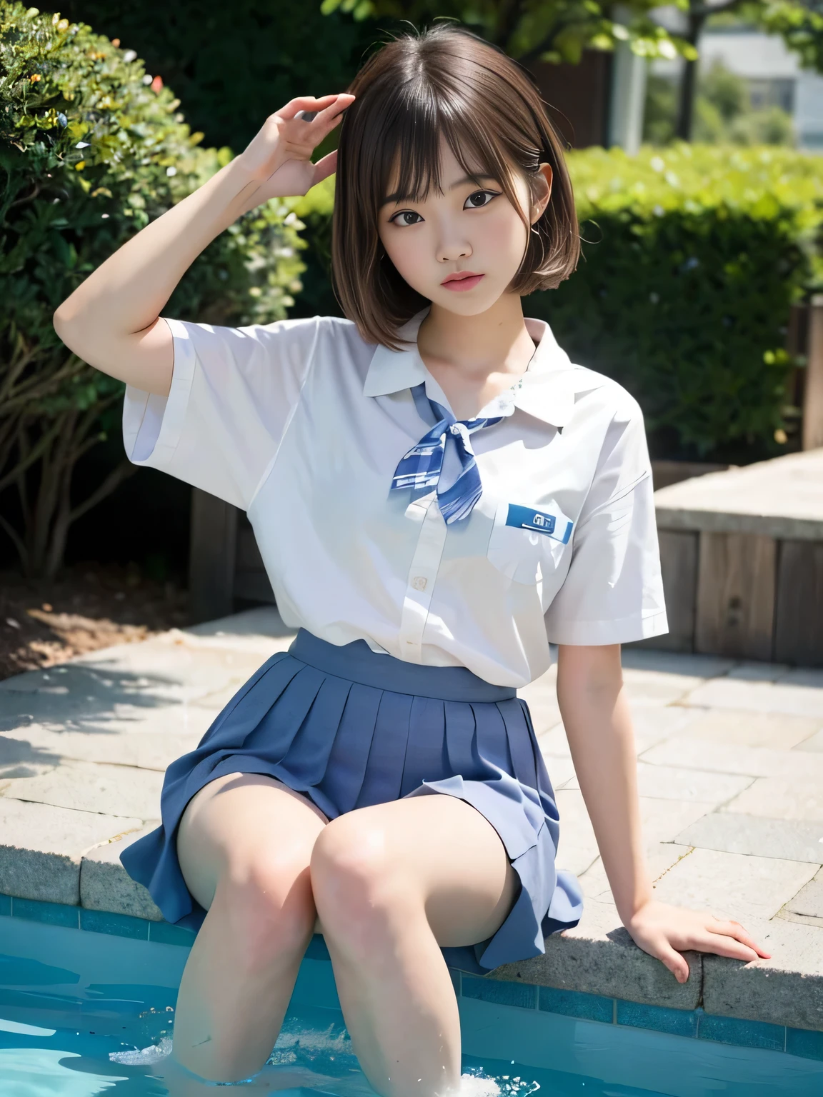 （8K、Live Action、RAW Photos、Highest quality、masterpiece：1.2),(Outdoor,Pool,sunlight:1.2),((Perfect lighting)),(Short Bob Cut),Looking at the audience,Upward glance,Viewed from the front,Sexy pose, return,strong,erotic,20-year-old,student,White skin,knees,Absurd,Small face,前hairを真ん中から分けます、The forehead is visible,(Be embarrassed,Squint your eyes,Glare,strong,skinny,skinny,Irritated)、masterpiece,Highest quality、Ultra-high resolution,One person, One personで,Close-up shot、cute、Return to student,(Japanese School Uniform:1.3),high school girl,Japanese women,Are standing,（フォトGenuine：1.37）、Photon Mapping,Genuineistic、cuteSmall face,Brown eyes、prospect、Written boundary depth、blurred returnground、Genuine,(前hairが見える), hair, kneesが見える, thigh,(Nogizaka idol), actress、Small, shapely breasts、Super quality、Low people、(Skin with visible pores:1.2)、(Focus on the face)、Small face、7 Head to Body、Check and fix the skeleton