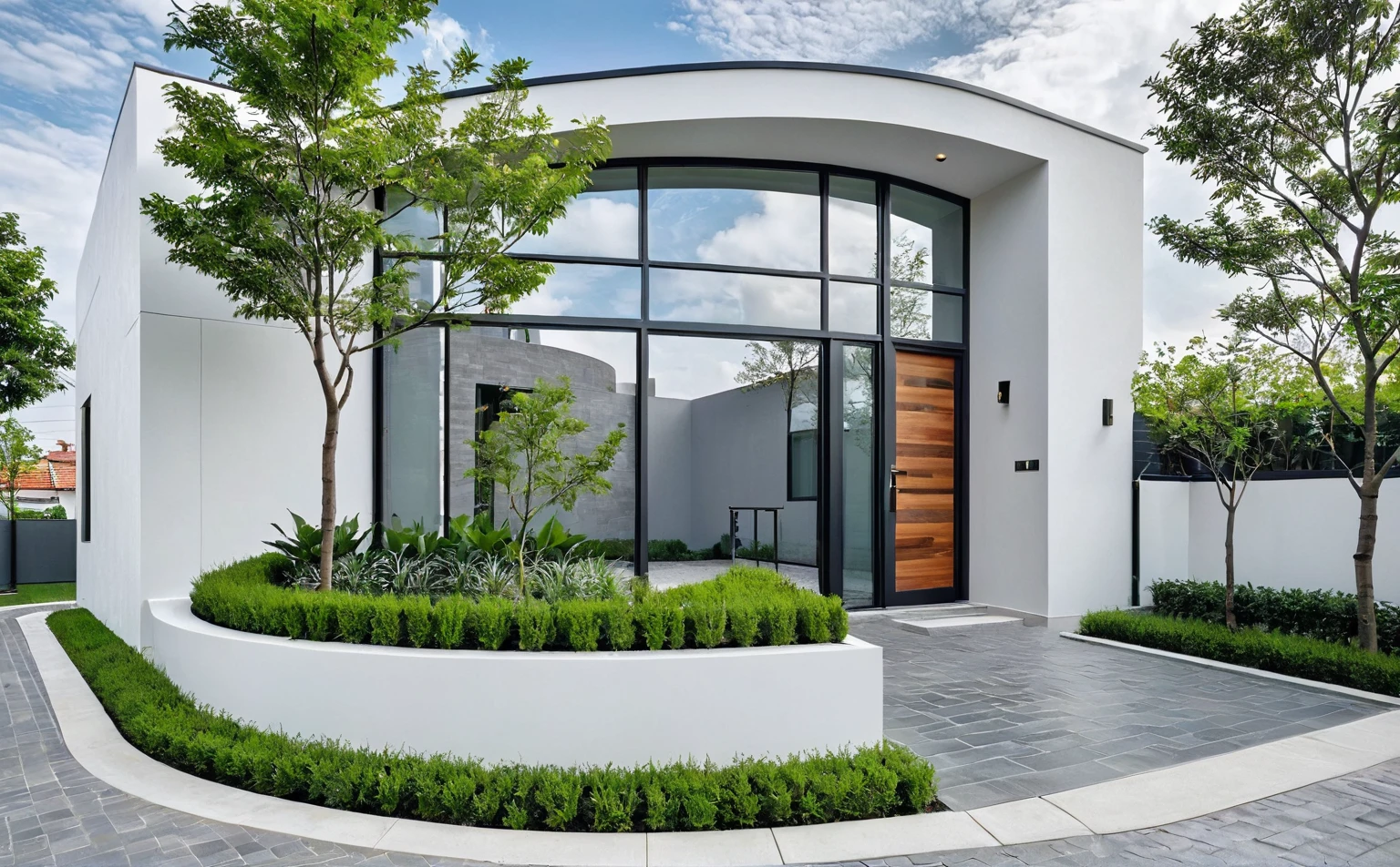 Raw photo, masterpiece, high quality, best quality, realistic, super detailed, outdoor, Morden house, modern townhouse style, (white wall), curved wall facade, aluminum interior door glass, curved planter, gray tiled accent wall, gray iron box exterior gate, road, sidewalk, grass, trees, sky, clouds, (daylight):1.1)