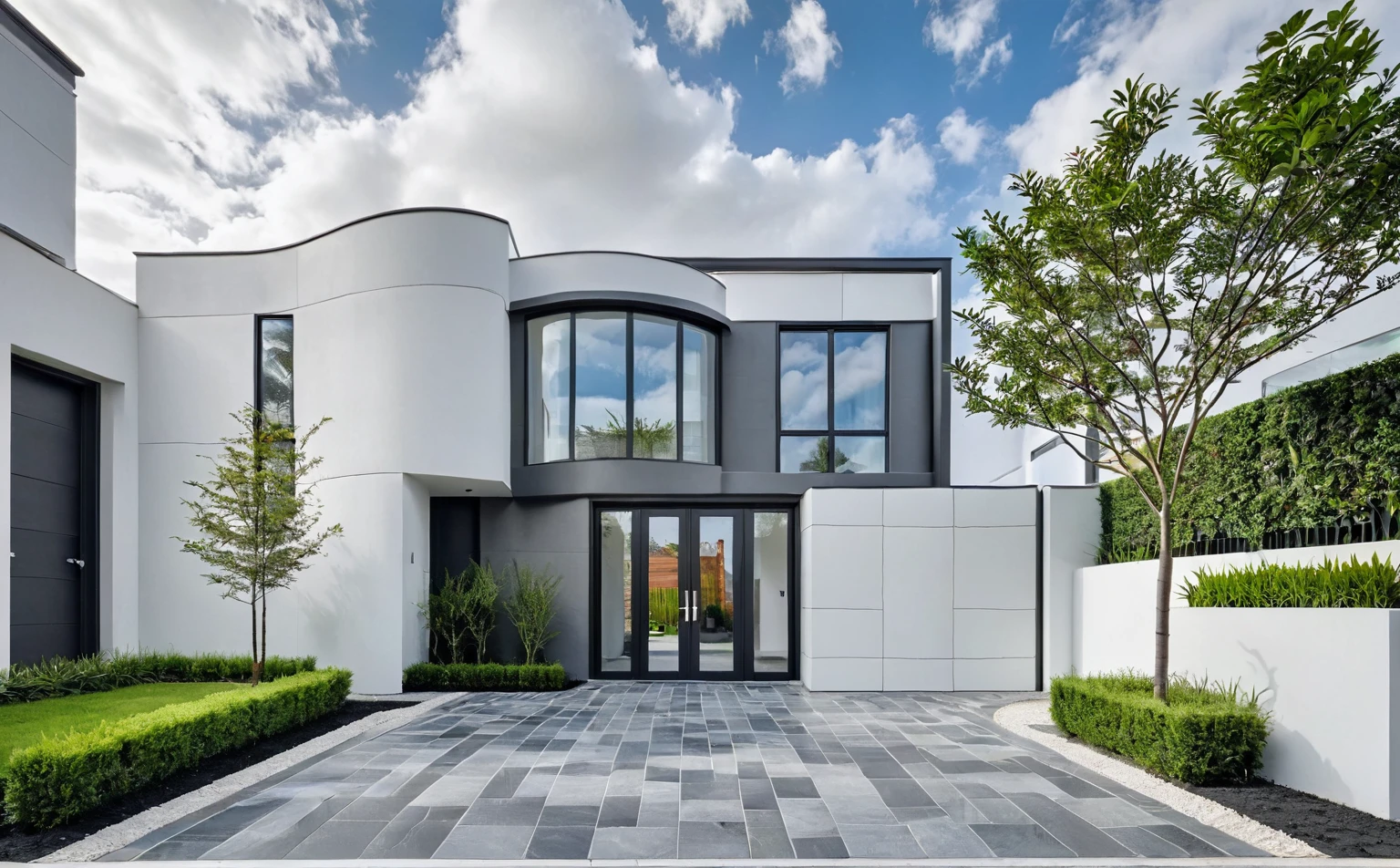 Raw photo, masterpiece, high quality, best quality, realistic, super detailed, outdoor, Morden house, modern townhouse style, (white wall), curved wall facade, aluminum interior door glass, curved planter, gray tiled accent wall, gray iron box exterior gate, road, sidewalk, grass, trees, sky, clouds, (daylight):1.1)