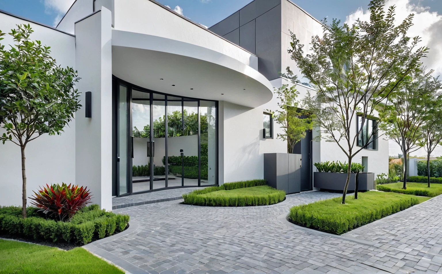 Raw photo, masterpiece, high quality, best quality, realistic, super detailed, outdoor, Morden house, modern townhouse style, (white wall), curved wall facade, aluminum interior door glass, curved planter, gray tiled accent wall, gray iron box exterior gate, road, sidewalk, grass, trees, sky, clouds, (daylight):1.1)