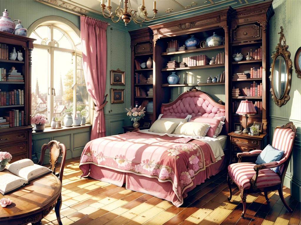 8K picture quality，best quality，masterpiece，HD，Super rich detail，detailed，Cosy bedroom，Big windows，Floor-to-ceiling windows，Big bed，notebook，There is a cabinet next to it，There are chairs，There are flowers，There is a wardrobe，Bookcase bookshelf many books，There is a sofa，There is a table and chairs，There are a lot of books，There was a full queen size bed，The body is very comfortable，extremely clean，Very informative，Big windows，The view from the window，超HD逼真，Pink，