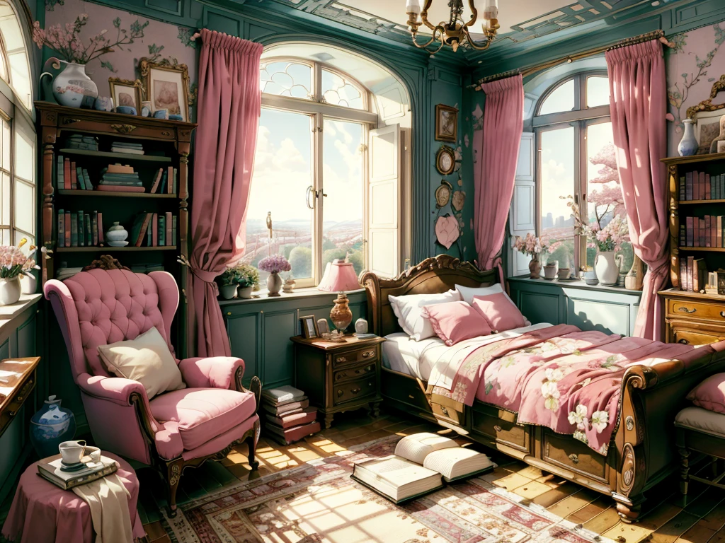 8K picture quality，best quality，masterpiece，HD，Super rich detail，detailed，Cosy bedroom，Big windows，Floor-to-ceiling windows，Big bed，notebook，There is a cabinet next to it，There are chairs，There are flowers，There is a wardrobe，Bookcase bookshelf many books，There is a sofa，There is a table and chairs，There are a lot of books，There was a full queen size bed，The body is very comfortable，extremely clean，Very informative，Big windows，The view from the window，超HD逼真，Pink，