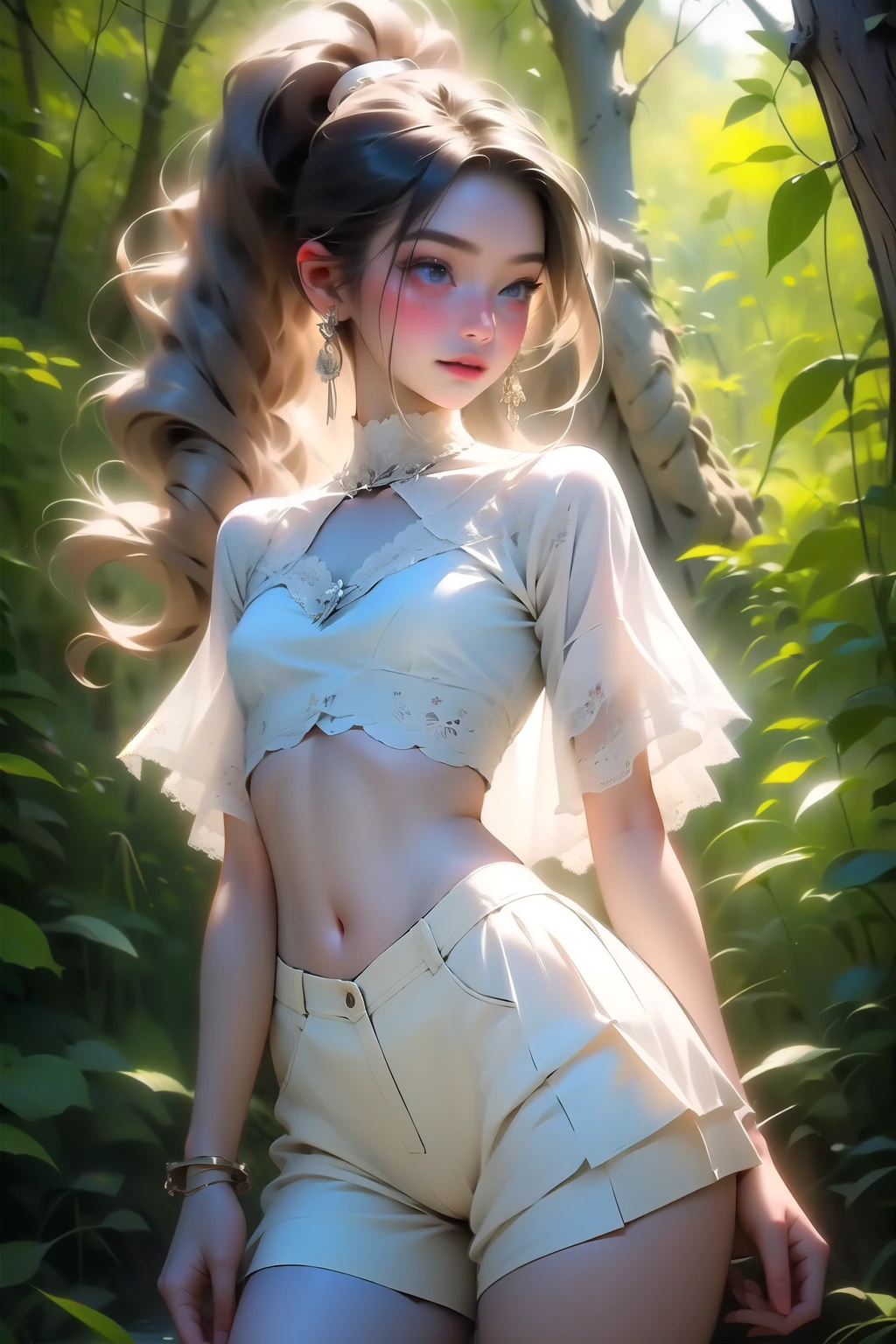  ((best quality)), ((masterpiece)), (detailed), Beautiful  western girl, ((young girl, very young, 12 years olir, pale skin, thin, collarbone, In a forest, wild clothes, NSFW, small breasts, prominent collarbones, skinny arms, flat stomach, visible hip bones, long hair, red hair, white hair, blonde hair, dark hair, ponytail, thick ponytail, blush, NSFW Fluttering lace frilly petticoats, pleated petticoats、((from adove)) 