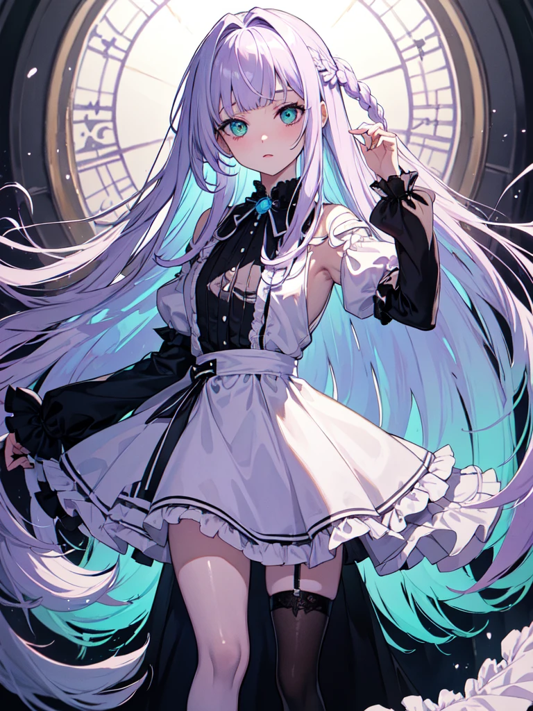 Maid clothes,sketch (Character design sheet, same characters, whole body, Three-View, front, ~ ~ ~ side, return),(Very bright:1.1), White Background, [1 Girl:7], (Tilt your head:1.2), ([sketch|watercolor \(Moderate\)]:1.15),full body, Full bangs,(Full bangs, Straight bangs, The bangs are aligned diagonally), （Gradient braided hair, (Light purple hair), (Ink blotches:1.1), (pale:1.2),(Light purple:1.2),(Light green:1.2)）　and full body, Artistic elements add depth to the work. The overall atmosphere is creepy and nightmarish..., With a unique artistic touch. This movie is、The dark and crazy world of horror movies depicted in HD., Evoke visual stimuli and aesthetic sense, It will terrify and excite the audience....,watercolor画, （Lightless, Eyes without highlights, Evil Eye, A bad looking person with white eyes, It&#39;s a red eyeliner）,whole body絵, Maid clothesを着ている and （Mature face,tall, Wearing black tights,Green Eyes, The skin is hidden　and maid, The background is a dark and desolate landscape, Horror movie atmosphere. Her figure is extremely beautiful, Emphasizing the dark and crazy elements. Skillfully expressing the effects of light and shadow, detailed, The face and expression of the black costume are also carefully drawn.　and   ..,sketch (Character design sheet, same characters, whole body, Three-View, front, ~ ~ ~ side, return) and 1 female, Nervous,Cowboy Shot,,(Very bright:1.1), White Background, [1 Girl:7], (Tilt your head:1.2), ([sketch|watercolor \(Moderate\)]:1.15),Chaotic Abstraction