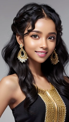((masterpiece))) whole body, (Somali Girl) ((black wavy hair, chignon hair, jet-black skin))), amber eyes, Beautiful Eyes, 27-year-old girl.AKB. archaic smiling