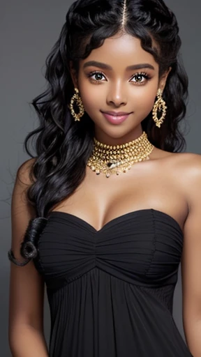 ((masterpiece))) whole body, (Somali Girl) ((black wavy hair, chignon hair, jet-black skin))), amber eyes, Beautiful Eyes, 27-year-old girl.AKB. archaic smiling