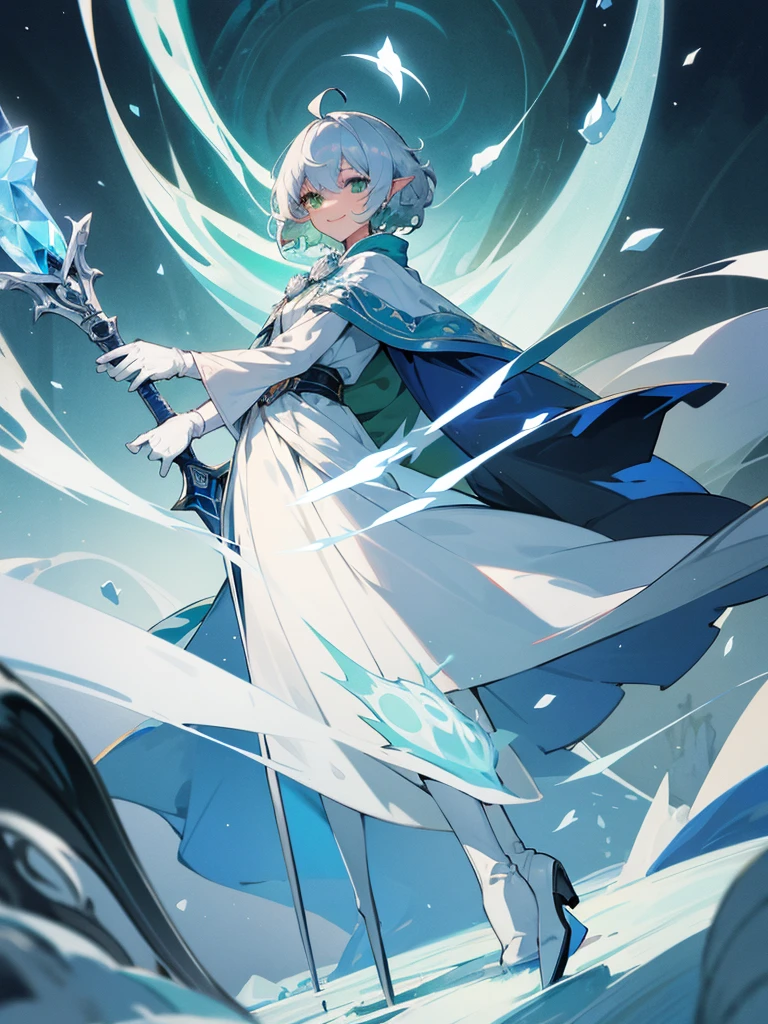 Elf, silver hair,short hair, medium cut, ahoge, curly hair,green eyes,slender, fair skin, cool Smile, robe, cloak, White gloves, long boots, blue effect, ice effect, triumphantly,Ice Rose ,magic,green rose,Noble soon,