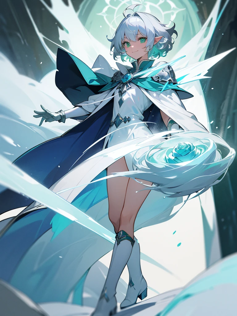 Elf, silver hair,short hair, medium cut, ahoge, curly hair,green eyes,slender, fair skin, cool Smile, robe, cloak, White gloves, long boots, blue effect, ice effect, triumphantly,Ice Rose ,magic,green rose,Noble soon,