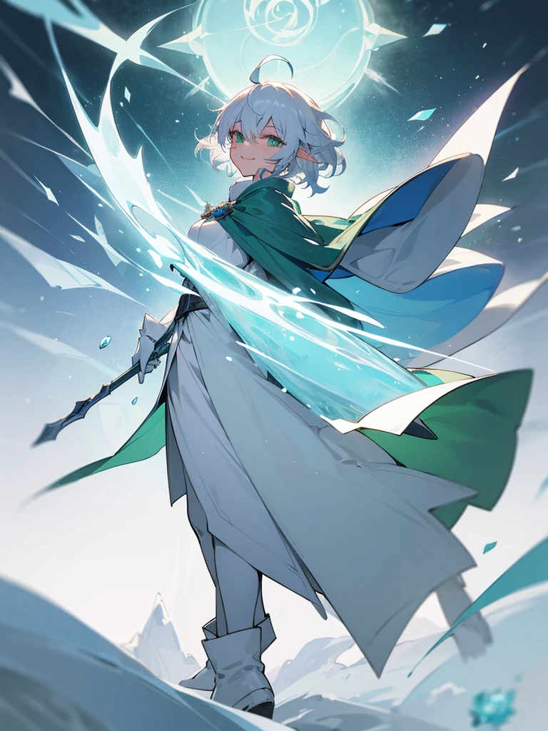 Elf, silver hair,short hair, medium cut, ahoge, curly hair,green eyes,slender, fair skin, cool Smile, robe, cloak, White gloves, long boots, blue effect, ice effect, triumphantly,Ice Rose ,magic,green rose,Noble soon,