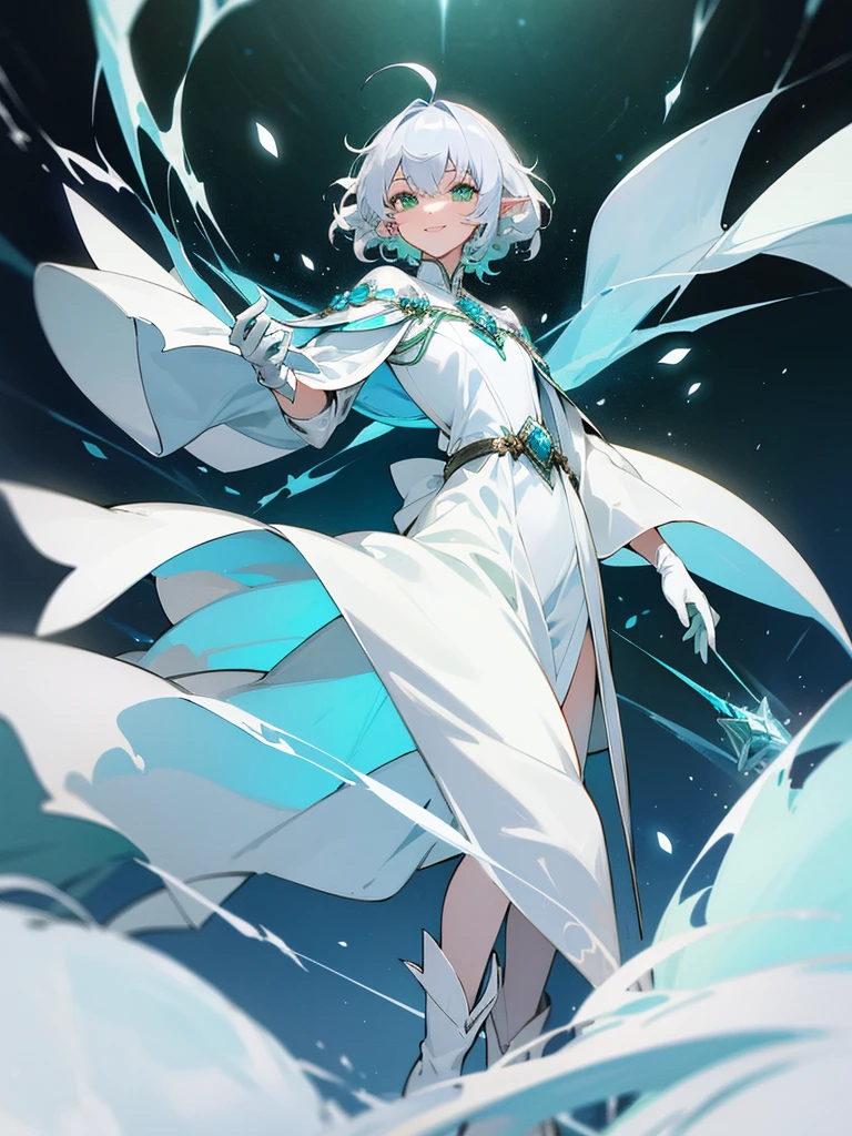 Elf, silver hair,short hair, medium cut, ahoge, curly hair,green eyes,slender, fair skin, cool Smile, robe, cloak, White gloves, long boots, blue effect, ice effect, triumphantly,Ice Rose ,magic,green rose,Noble soon,