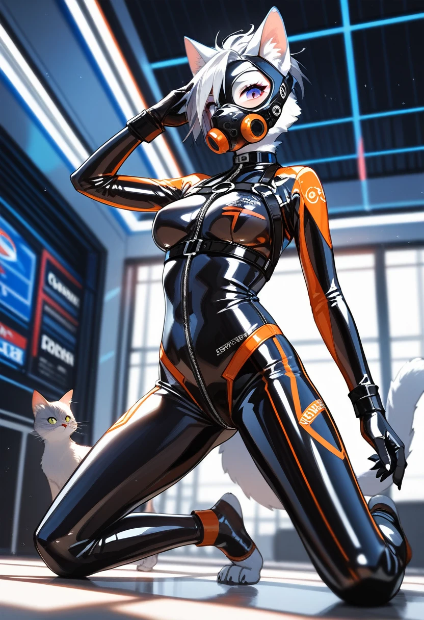 animation, Highest quality, Highest quality, High quality illustrations, masterpiece, Ultra-high resolution, Detailed Background, Inside the hideout, Absurd, Perfect Anatomy, performance, Good lighting, Shadows in the movies(kemono, Furry PersonifiCation), Cat, Rubber suit, latex, neon, neonライト, neonカラー, Racing Suits, Cyber Suit, Harness, Leather Half Jacket, cyber punk, Rubber mask