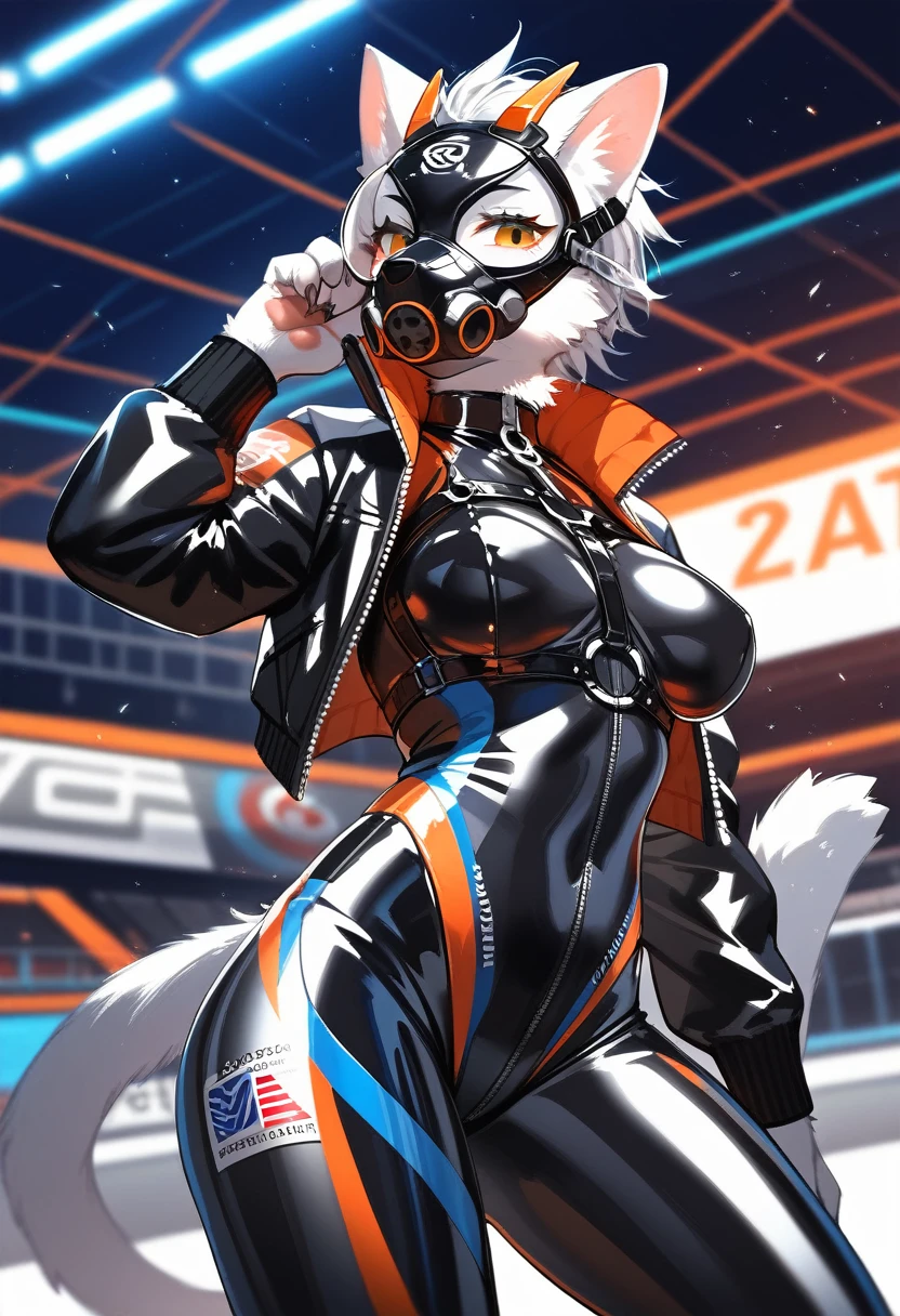 animation, Highest quality, Highest quality, High quality illustrations, masterpiece, Ultra-high resolution, Detailed Background, Inside the hideout, Absurd, Perfect Anatomy, performance, Good lighting, Shadows in the movies(kemono, Furry PersonifiCation), Cat, Rubber suit, latex, neon, neonライト, neonカラー, Racing Suits, Cyber Suit, Harness, Leather Half Jacket, cyber punk, Rubber mask