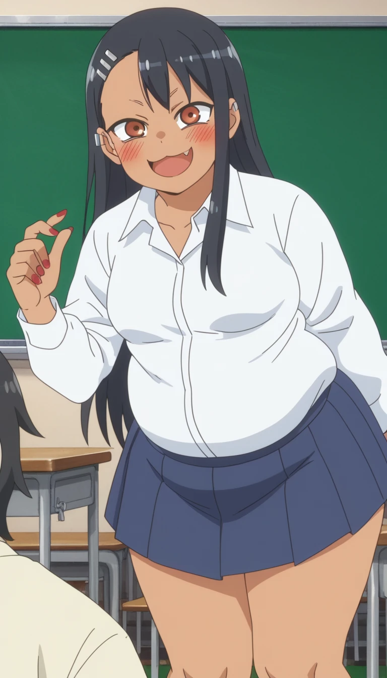score_9, score_8_up, score_7_up, source_anime, anime screencap, anime coloring, 
hayasenagatoro,
hayase nagatoro, ((obese)), ((morbid obesity)), ((very drunk)), ((staggers)), ((agitated)), ((provocative)), ((small breast)), ((belly stuffed)), long hair, bangs, black hair, hair ornament, brown eyes, hairclip, fang, dark skin, dark-skinned female, tan,
skirt, ((shirt)), ((white shirt)), pleated skirt, nail polish, blue skirt, red nails, earclip,
indoors, classroom, bent over, smile,
looking at viewer, solo,