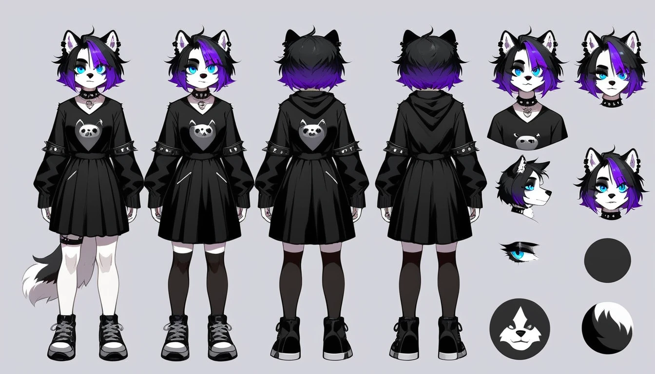 Solo, score_9,score_8_up,score_7_up, source_furry, dog, Anthro furry dog girl, adult female, black hair, goth style hair, husky markings, Siberian husky, husky, anthro husky girl, 1.3, goth makeup, silver, grey and white fur,  wearing goth clothes, goth, emo, goth outfit, standing, solo, full body, blue eyes, black clothes, (short hair), (fluffy hair), big fluffy haircut, character design, character sheet, (purple highlights), Black and purple hair, 