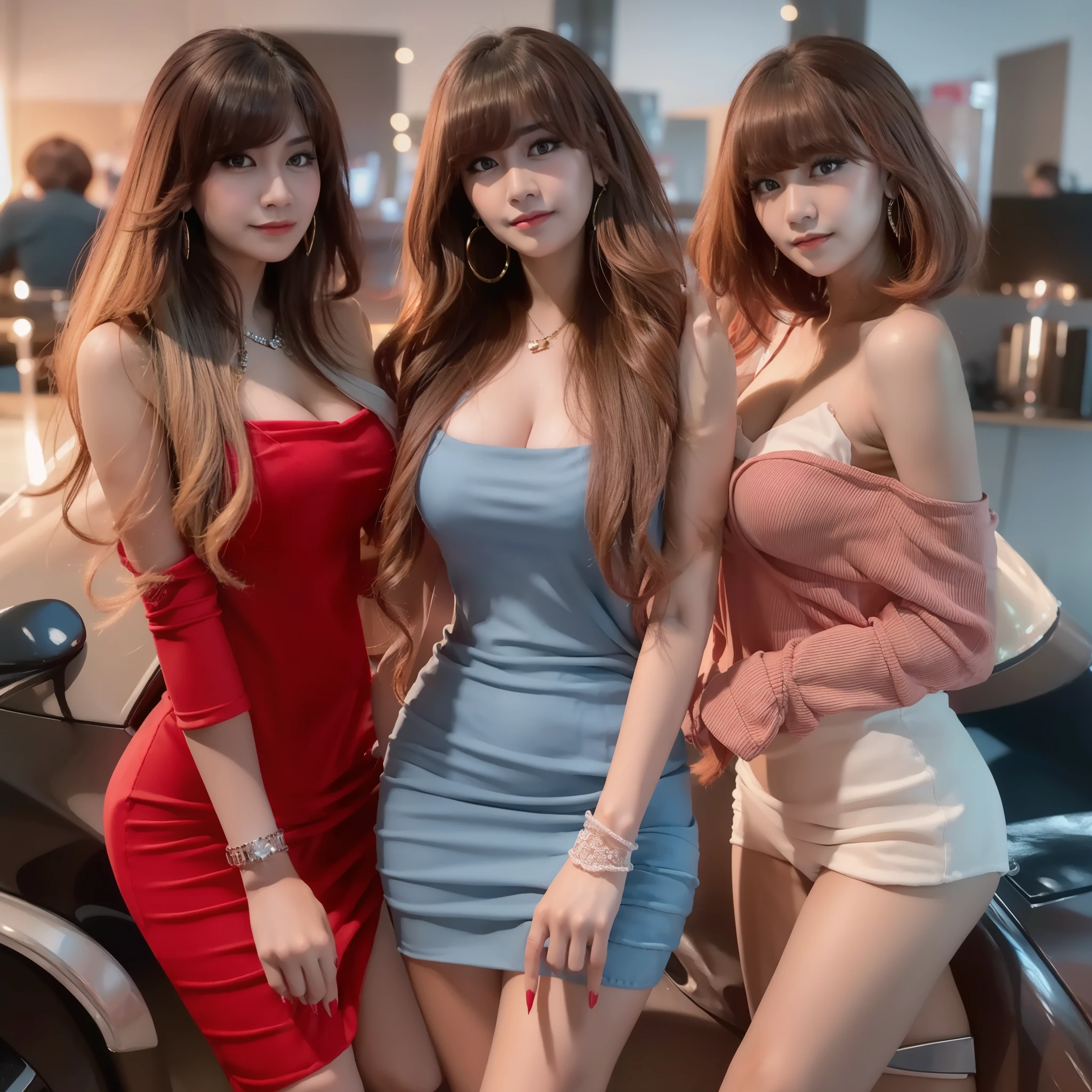 Beautiful woman in slightly smile, redmini dressed, red nails, makeup, breast cleavage, wispy bangs, earrings, best quality, masterpiece