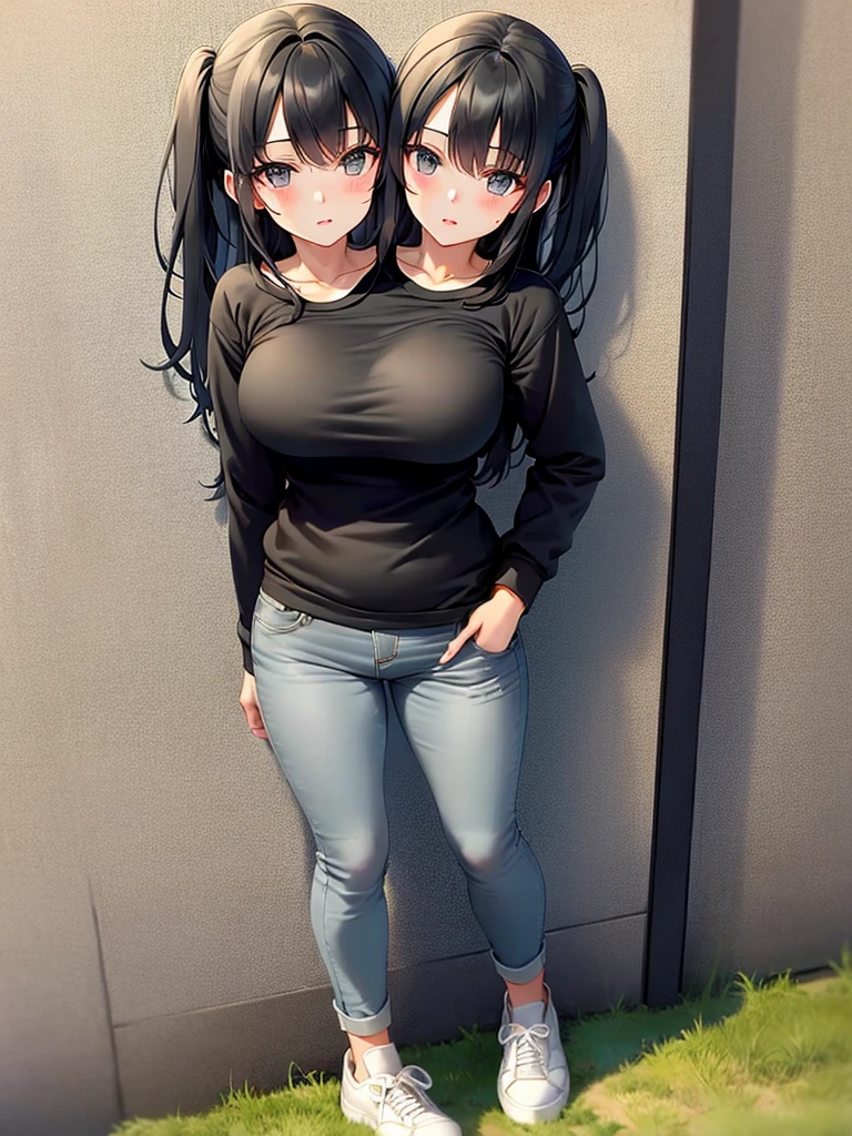 ,best quality,  girl, in a sweatshirt, sneakers and jeans, masterpiece, long hair, black hairs, gray eyes, a slim body, yuri,(two heads).
