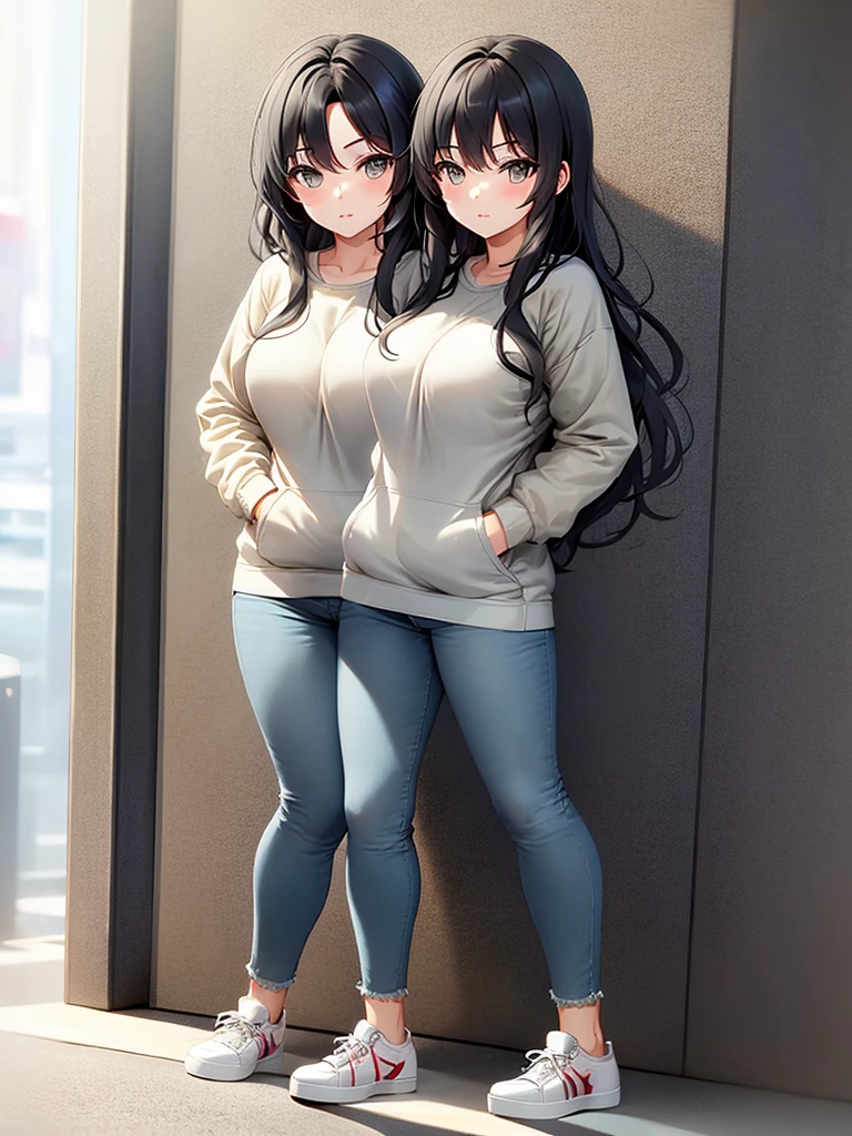 ,best quality, girl, in a sweatshirt, sneakers and jeans, masterpiece, long hair, black hairs, gray eyes, (two heads).