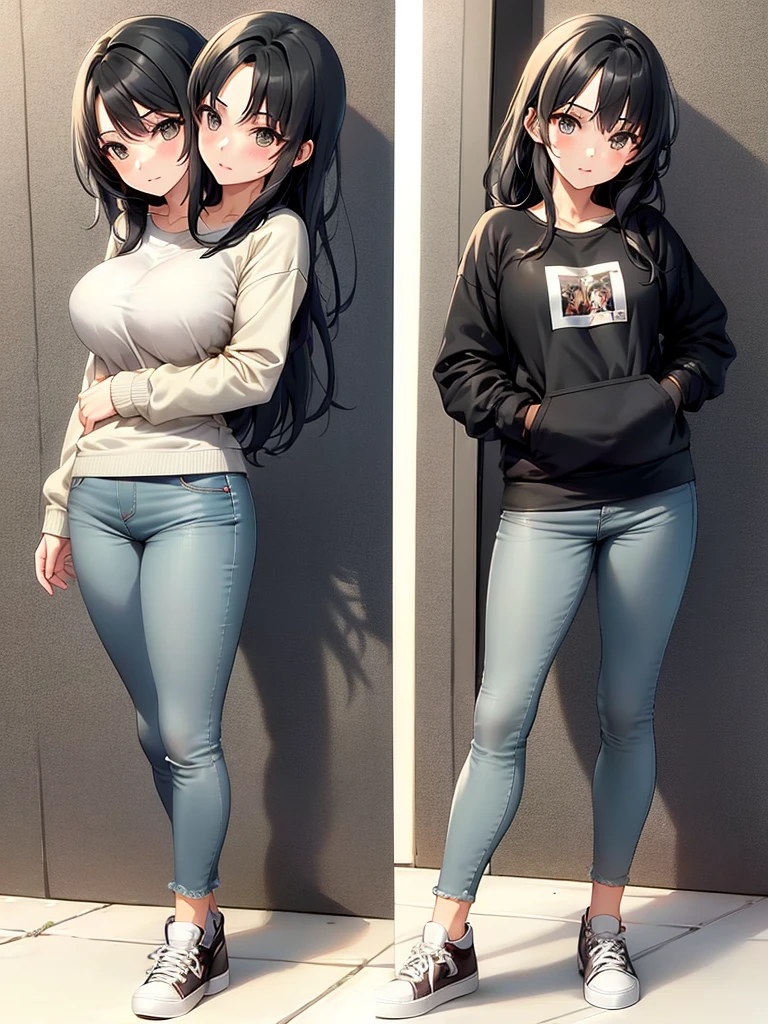 ,best quality, girl, in a sweatshirt, sneakers and jeans, masterpiece, long hair, black hairs, gray eyes, (two heads).