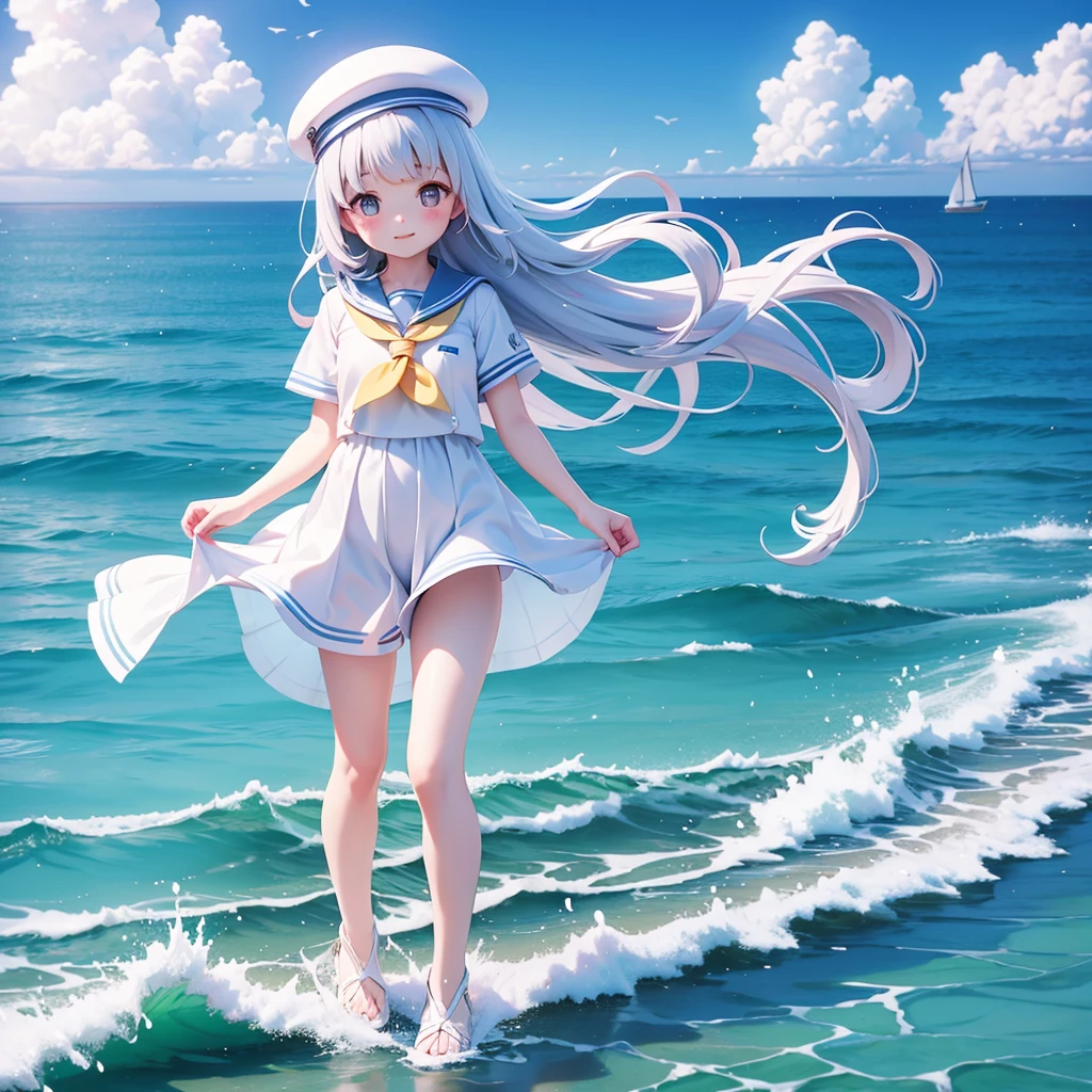 Translucent sailor suit、Seaside、Highest quality、the wind is strong