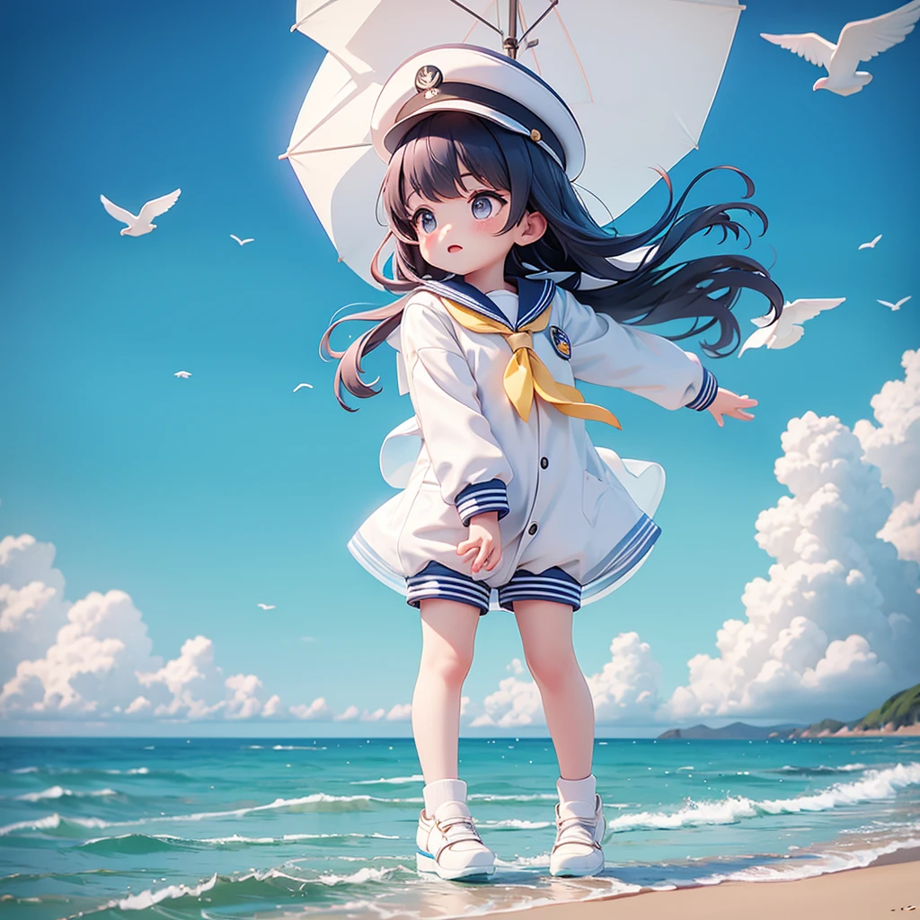 Translucent sailor suit、Seaside、Highest quality、the wind is strong
