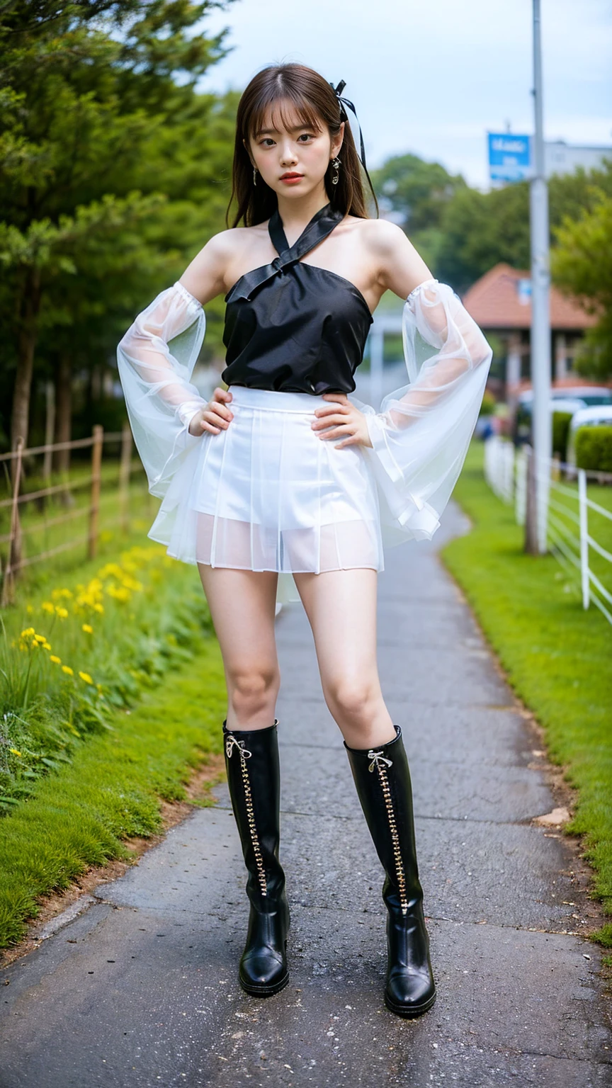 (8K、RAW Photos、Highest quality、masterpiece:1.2)、(Highest quality、Realistic)、1 Girl、((Tube top、mini skirt、Idol Costume、ribbon、See-through、black、lame、Thin legs、whole body、boots、garden、View from the front、Looking into the camera、Stand with hands on hips))、cute
