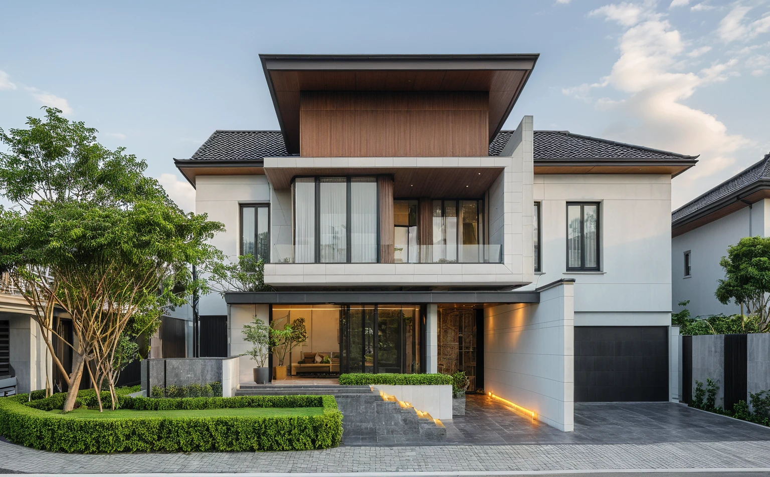 modern villa on street, (daylight), tropical tree, (slope roof, black tiled roof:1.2), vivid color, streetcapes, nice sky, grey tone, large glass door, warm interior lighting, modern material, best quality, ultra realistic, masterpiece, 17ArchiAI_XL_VL-v1
